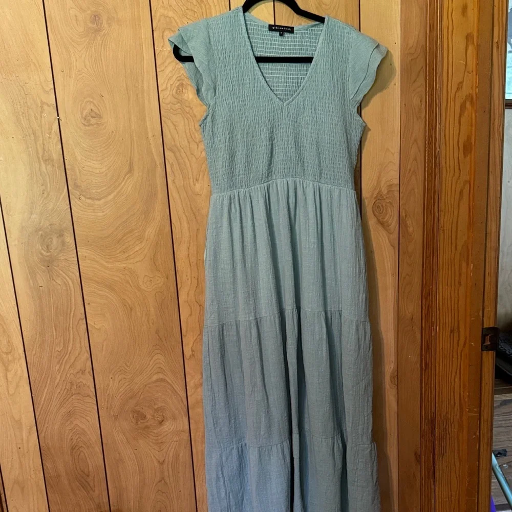Sage Green V-Neck Tiered Maxi Dress with Flutter Sleeves - Picture 1 of 10